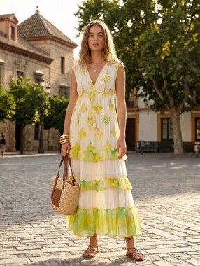 NWT European Handmade  Sleeveless Ruffled Tiered Tassel Viscose Dress Size M/L